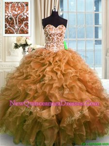 Charming Brown Sleeveless Beading and Ruffles Floor Length Sweet 16 Dresses