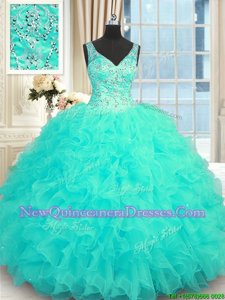 Luxury Sleeveless Organza Floor Length Zipper Ball Gown Prom Dress inAqua Blue withBeading and Ruffles