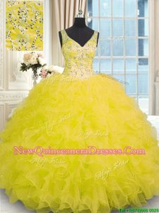 Cheap V-neck Sleeveless Organza Sweet 16 Quinceanera Dress Beading and Ruffles Zipper