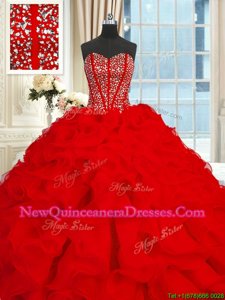 Decent Red Sleeveless Brush Train Beading and Ruffles With Train Sweet 16 Dresses