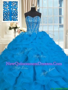 Adorable Sleeveless Organza With Brush Train Lace Up Sweet 16 Dress inBlue withBeading and Ruffles