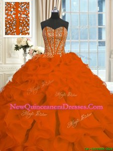 Colorful Orange Red Lace Up 15th Birthday Dress Beading and Ruffles Sleeveless With Brush Train