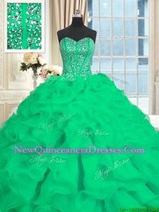 Custom Designed Sleeveless Brush Train Lace Up With Train Beading and Ruffles Vestidos de Quinceanera