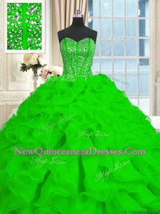 Luxury Sleeveless With Train Beading and Ruffles Lace Up Sweet 16 Dress with Spring Green Brush Train