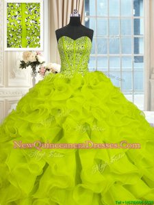 Ideal Brush Train Ball Gowns Sweet 16 Dresses Yellow Green Sweetheart Organza Sleeveless With Train Lace Up