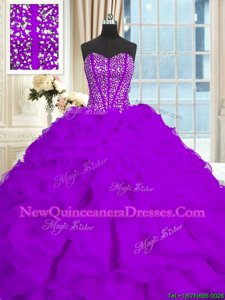 Deluxe Sweetheart Sleeveless Brush Train Lace Up Sweet 16 Dresses Eggplant Purple Organza