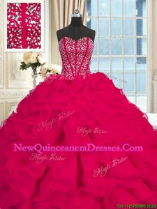 High End Fuchsia Sweetheart Lace Up Beading and Ruffles 15 Quinceanera Dress Brush Train Sleeveless