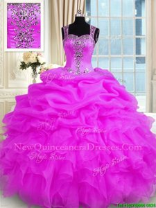 New Style Sleeveless Floor Length Beading and Ruffles Zipper Quinceanera Gown with Fuchsia