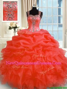 Cheap Orange Red Organza Zipper 15th Birthday Dress Sleeveless Floor Length Beading and Ruffles