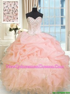 Beauteous Peach Ball Gowns Sweetheart Sleeveless Organza Floor Length Lace Up Beading and Ruffles Vestidos de Quinceanera