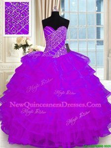 Sleeveless Floor Length Beading and Ruffled Layers Lace Up Sweet 16 Dresses with Purple