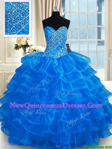 Cheap Blue Sweetheart Lace Up Beading and Ruffled Layers Vestidos de Quinceanera Sleeveless