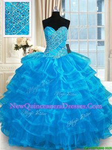 High Class Sleeveless Organza Floor Length Lace Up Sweet 16 Dresses inBlue withBeading and Ruffled Layers