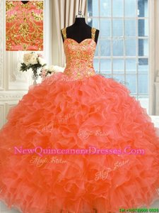 Sumptuous Straps Sleeveless Organza Sweet 16 Dresses Embroidery and Ruffles Lace Up