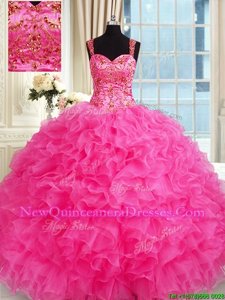 Dynamic Ball Gowns Quince Ball Gowns Hot Pink Straps Organza Sleeveless Floor Length Lace Up