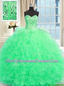 Popular Sleeveless Floor Length Beading and Ruffles Lace Up Vestidos de Quinceanera with Apple Green