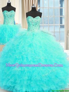 Top Selling Three Piece Aqua Blue Ball Gowns Beading and Ruffles Quinceanera Dresses Lace Up Tulle Sleeveless Floor Length