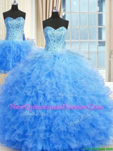 Great Three Piece Baby Blue Sleeveless Floor Length Beading and Ruffles Lace Up Sweet 16 Quinceanera Dress