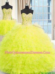 Fantastic Three Piece Sleeveless Floor Length Beading and Ruffles Lace Up Sweet 16 Dress with Yellow