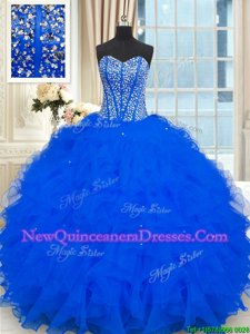 Beauteous Royal Blue Organza Lace Up Strapless Sleeveless Floor Length Quince Ball Gowns Beading and Ruffles