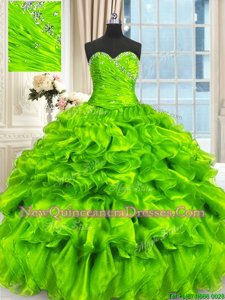 Spring Green Organza Lace Up Sweetheart Sleeveless Floor Length 15th Birthday Dress Beading and Ruffles and Ruching