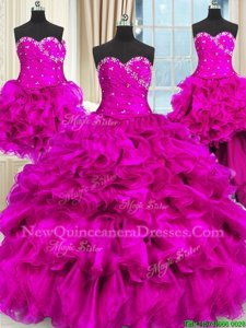 Dramatic Four Piece Sleeveless Beading and Ruffles and Ruching Lace Up 15 Quinceanera Dress