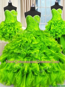 Captivating Four Piece Spring and Summer and Fall and Winter Organza Sleeveless Floor Length Quinceanera Gowns andBeading and Ruffles and Ruching