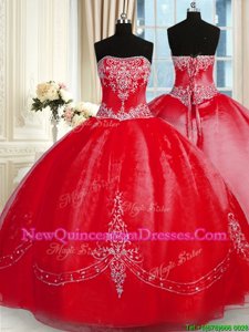 Stunning Red Tulle Lace Up Strapless Sleeveless Floor Length 15th Birthday Dress Beading and Embroidery