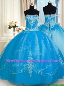 Ideal Floor Length Baby Blue Vestidos de Quinceanera Tulle Sleeveless Spring and Summer and Fall and Winter Embroidery