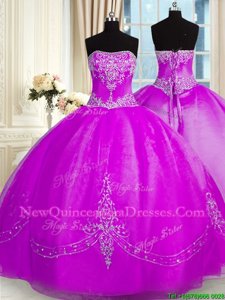 Hot Sale Ball Gowns Vestidos de Quinceanera Purple Strapless Organza Sleeveless Floor Length Lace Up