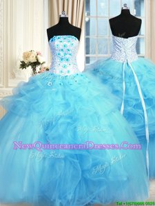 Shining Baby Blue Lace Up Ball Gown Prom Dress Pick Ups and Hand Made Flower Sleeveless Floor Length