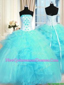 Classical Pick Ups Ball Gowns 15th Birthday Dress Aqua Blue Strapless Tulle Sleeveless Floor Length Lace Up