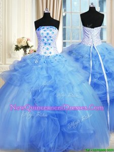 Custom Made Pick Ups Strapless Sleeveless Lace Up Sweet 16 Dresses Blue Tulle