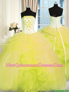 Sweet Yellow Green Tulle Lace Up Strapless Sleeveless Floor Length Quince Ball Gowns Beading and Ruffles