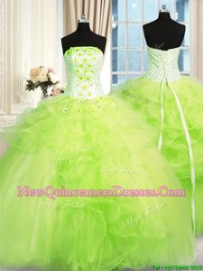 Trendy Sleeveless Floor Length Beading and Ruffles Lace Up 15 Quinceanera Dress with Spring Green