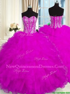 Stylish Fuchsia Organza Lace Up Vestidos de Quinceanera Sleeveless Floor Length Beading and Ruffles