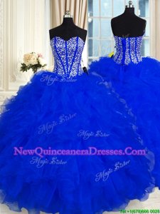 Enchanting Royal Blue Ball Gowns Organza Sweetheart Sleeveless Beading and Ruffles Floor Length Lace Up Vestidos de Quinceanera