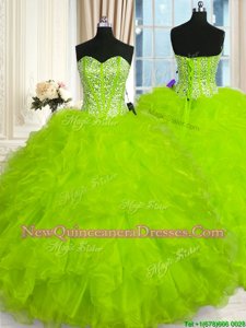 Clearance Yellow Green Organza Lace Up Sweetheart Sleeveless Floor Length Quinceanera Gowns Beading and Ruffles