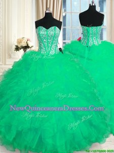 Decent Turquoise Lace Up Vestidos de Quinceanera Beading and Ruffles Sleeveless Floor Length