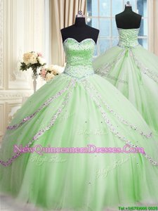 Flirting Apple Green Tulle Lace Up Sweet 16 Quinceanera Dress Sleeveless With Train Court Train Beading and Appliques