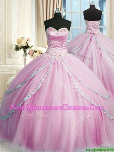 Modest Lilac Sleeveless Court Train Beading and Appliques With Train Ball Gown Prom Dress