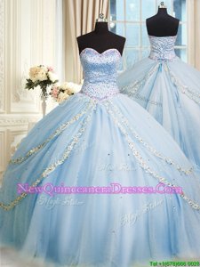 Top Selling Baby Blue Organza Lace Up Sweetheart Sleeveless With Train Quinceanera Gowns Court Train Beading and Appliques