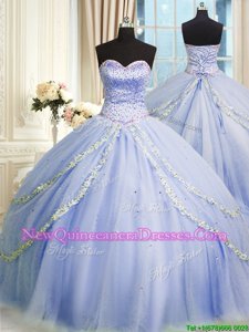 Hot Selling With Train Lavender Sweet 16 Quinceanera Dress Tulle Brush Train Sleeveless Spring and Summer and Fall and Winter Beading and Appliques