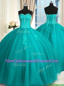 Elegant Sweetheart Sleeveless Tulle Vestidos de Quinceanera Appliques and Embroidery Lace Up