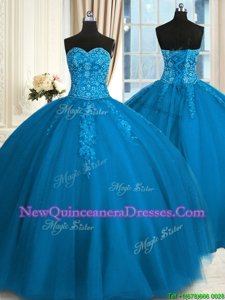 Ball Gowns Quinceanera Gowns Teal Sweetheart Tulle Sleeveless Floor Length Lace Up