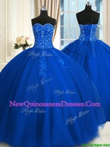 Shining Appliques and Embroidery Quinceanera Dresses Blue Lace Up Sleeveless Floor Length