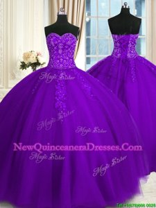 Popular Sweetheart Sleeveless 15 Quinceanera Dress Floor Length Appliques Purple Tulle