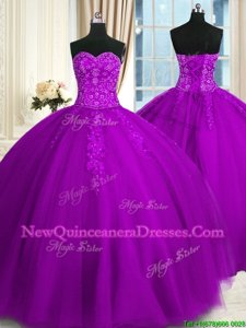 Glamorous Purple Ball Gowns Tulle Sweetheart Sleeveless Appliques and Embroidery Floor Length Lace Up Sweet 16 Quinceanera Dress