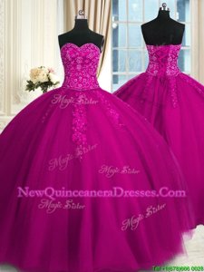 Excellent Tulle Sweetheart Sleeveless Lace Up Appliques and Embroidery Sweet 16 Dress inFuchsia