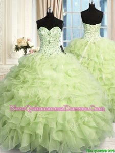 Latest Yellow Green Lace Up Quince Ball Gowns Beading and Ruffles Sleeveless Floor Length